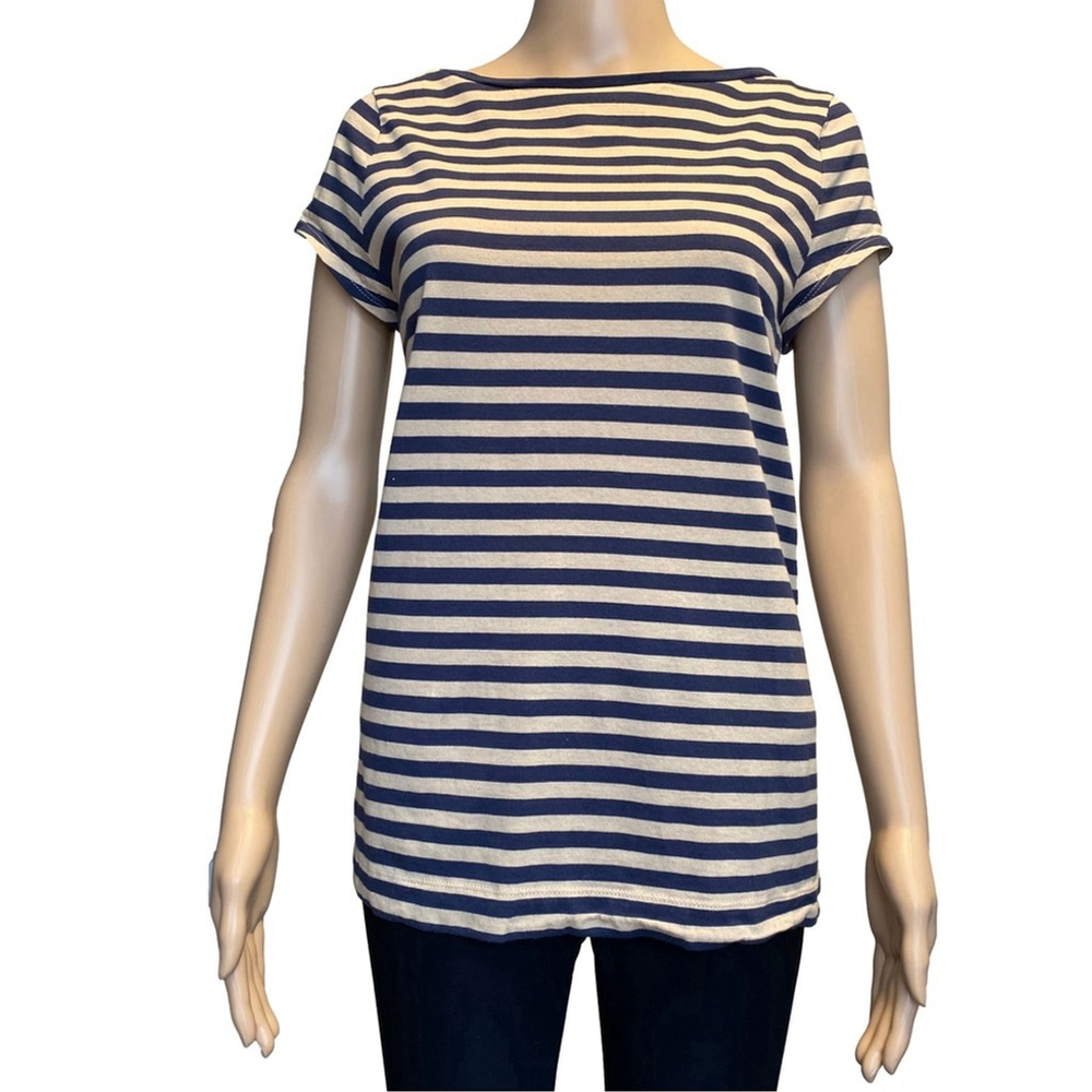 LOFT Blue and Cream Fitted T-Shirt with Boat Neck Size Large